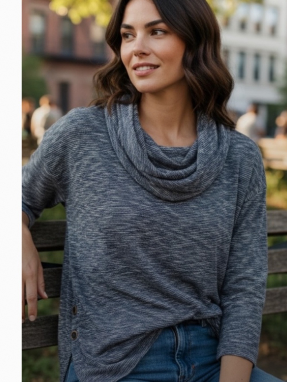 Multiples • Blue Space Dye Cowl Neck Top • Side Buttons • XL